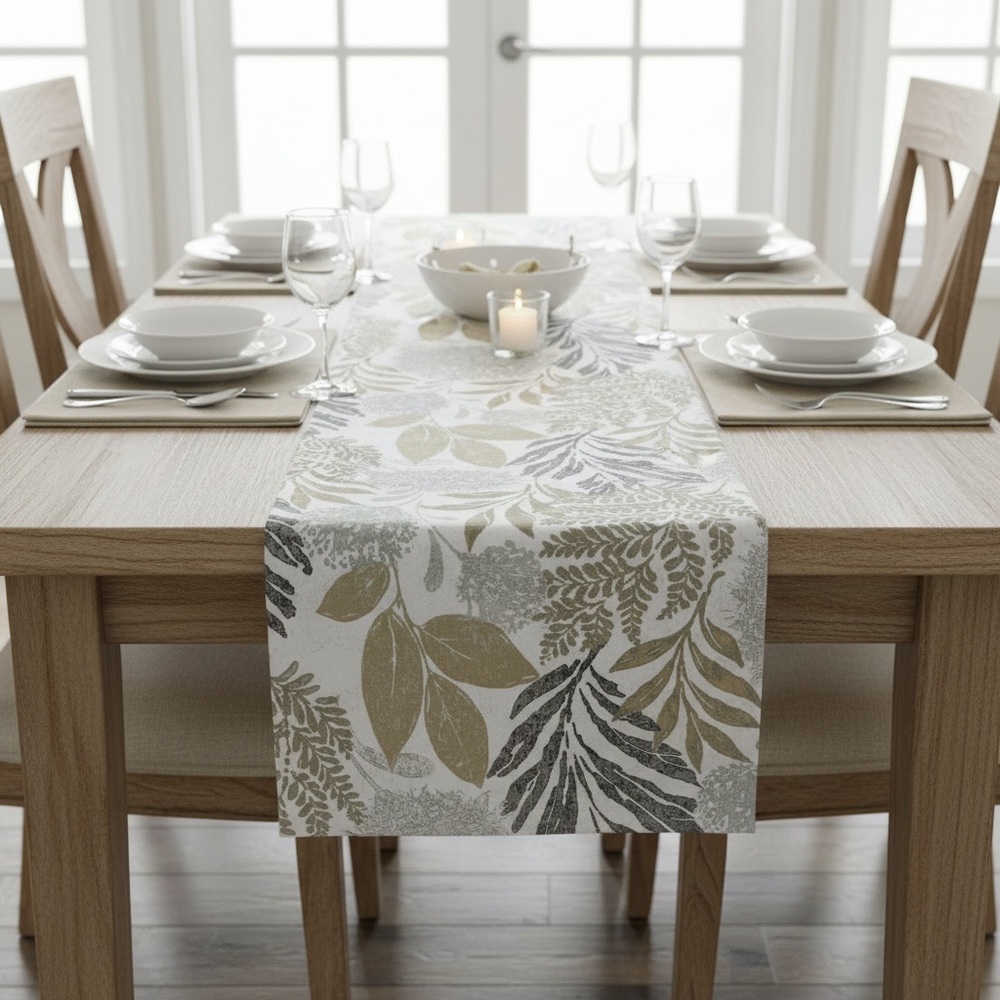 Classic Leaf-Print Table Runner in Green and Gray -14” in X 72” in
